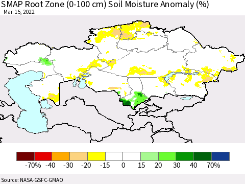 Kazakhstan SMAP Root Zone (0-100 cm) Soil Moisture Anomaly (%) Thematic Map For 3/11/2022 - 3/15/2022
