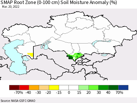 Kazakhstan SMAP Root Zone (0-100 cm) Soil Moisture Anomaly (%) Thematic Map For 3/16/2022 - 3/20/2022