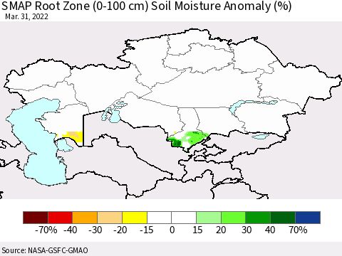 Kazakhstan SMAP Root Zone (0-100 cm) Soil Moisture Anomaly (%) Thematic Map For 3/26/2022 - 3/31/2022