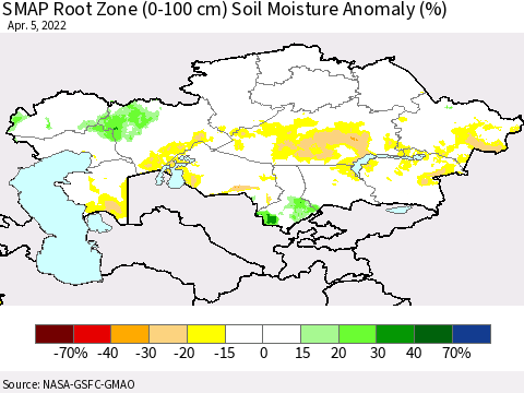 Kazakhstan SMAP Root Zone (0-100 cm) Soil Moisture Anomaly (%) Thematic Map For 4/1/2022 - 4/5/2022