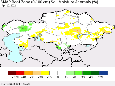 Kazakhstan SMAP Root Zone (0-100 cm) Soil Moisture Anomaly (%) Thematic Map For 4/6/2022 - 4/10/2022