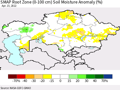 Kazakhstan SMAP Root Zone (0-100 cm) Soil Moisture Anomaly (%) Thematic Map For 4/11/2022 - 4/15/2022