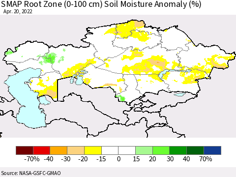 Kazakhstan SMAP Root Zone (0-100 cm) Soil Moisture Anomaly (%) Thematic Map For 4/16/2022 - 4/20/2022