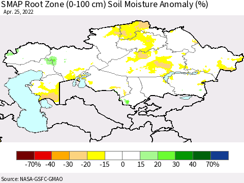 Kazakhstan SMAP Root Zone (0-100 cm) Soil Moisture Anomaly (%) Thematic Map For 4/21/2022 - 4/25/2022