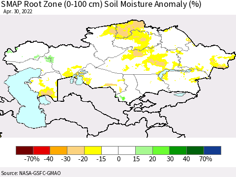 Kazakhstan SMAP Root Zone (0-100 cm) Soil Moisture Anomaly (%) Thematic Map For 4/26/2022 - 4/30/2022