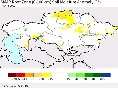 Kazakhstan SMAP Root Zone (0-100 cm) Soil Moisture Anomaly (%) Thematic Map For 5/1/2022 - 5/5/2022
