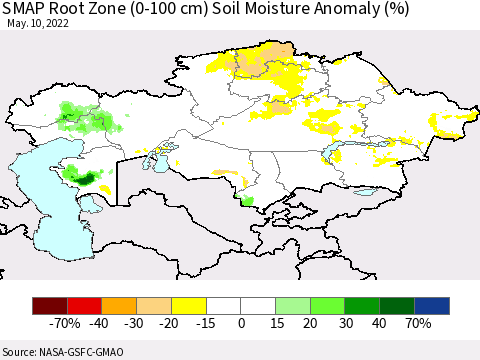 Kazakhstan SMAP Root Zone (0-100 cm) Soil Moisture Anomaly (%) Thematic Map For 5/6/2022 - 5/10/2022