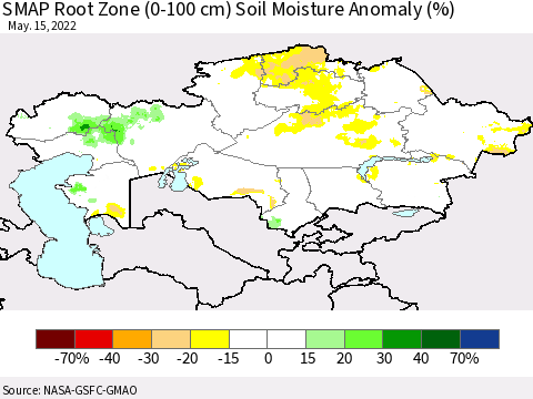 Kazakhstan SMAP Root Zone (0-100 cm) Soil Moisture Anomaly (%) Thematic Map For 5/11/2022 - 5/15/2022