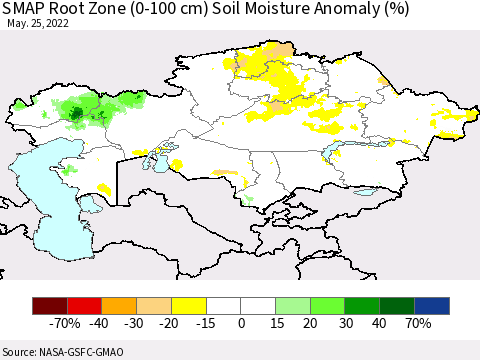 Kazakhstan SMAP Root Zone (0-100 cm) Soil Moisture Anomaly (%) Thematic Map For 5/21/2022 - 5/25/2022