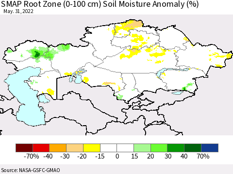 Kazakhstan SMAP Root Zone (0-100 cm) Soil Moisture Anomaly (%) Thematic Map For 5/26/2022 - 5/31/2022