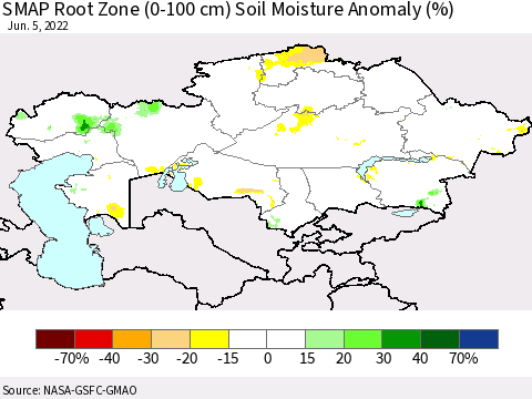 Kazakhstan SMAP Root Zone (0-100 cm) Soil Moisture Anomaly (%) Thematic Map For 6/1/2022 - 6/5/2022