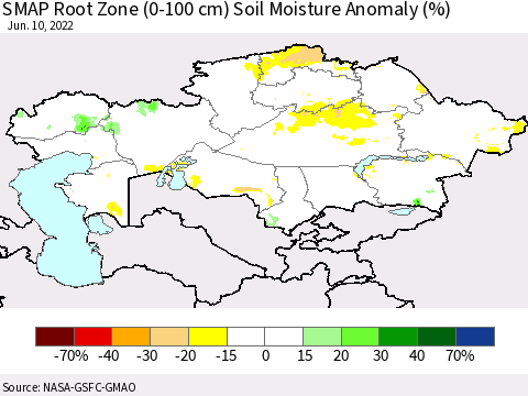 Kazakhstan SMAP Root Zone (0-100 cm) Soil Moisture Anomaly (%) Thematic Map For 6/6/2022 - 6/10/2022