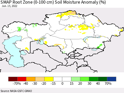 Kazakhstan SMAP Root Zone (0-100 cm) Soil Moisture Anomaly (%) Thematic Map For 6/11/2022 - 6/15/2022