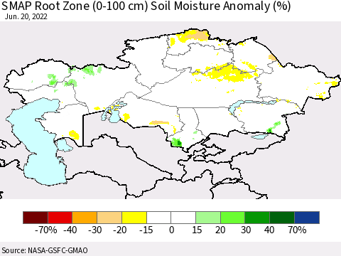 Kazakhstan SMAP Root Zone (0-100 cm) Soil Moisture Anomaly (%) Thematic Map For 6/16/2022 - 6/20/2022