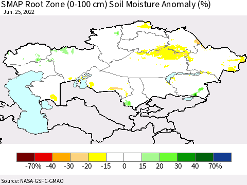 Kazakhstan SMAP Root Zone (0-100 cm) Soil Moisture Anomaly (%) Thematic Map For 6/21/2022 - 6/25/2022