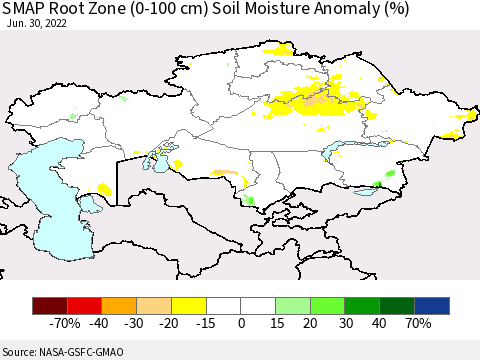 Kazakhstan SMAP Root Zone (0-100 cm) Soil Moisture Anomaly (%) Thematic Map For 6/26/2022 - 6/30/2022