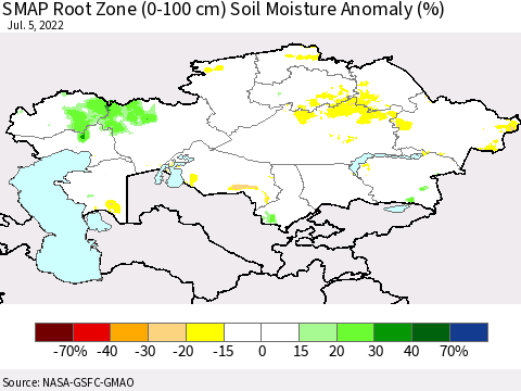 Kazakhstan SMAP Root Zone (0-100 cm) Soil Moisture Anomaly (%) Thematic Map For 7/1/2022 - 7/5/2022