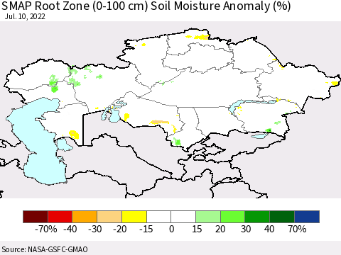 Kazakhstan SMAP Root Zone (0-100 cm) Soil Moisture Anomaly (%) Thematic Map For 7/6/2022 - 7/10/2022