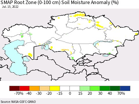 Kazakhstan SMAP Root Zone (0-100 cm) Soil Moisture Anomaly (%) Thematic Map For 7/11/2022 - 7/15/2022