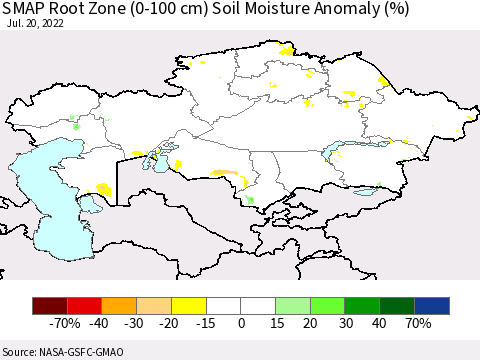 Kazakhstan SMAP Root Zone (0-100 cm) Soil Moisture Anomaly (%) Thematic Map For 7/16/2022 - 7/20/2022