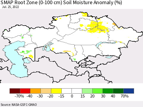 Kazakhstan SMAP Root Zone (0-100 cm) Soil Moisture Anomaly (%) Thematic Map For 7/21/2022 - 7/25/2022