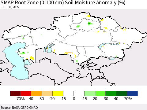 Kazakhstan SMAP Root Zone (0-100 cm) Soil Moisture Anomaly (%) Thematic Map For 7/26/2022 - 7/31/2022