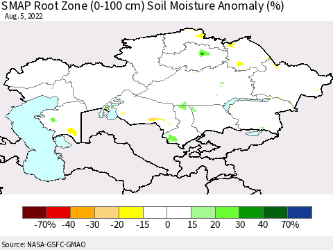 Kazakhstan SMAP Root Zone (0-100 cm) Soil Moisture Anomaly (%) Thematic Map For 8/1/2022 - 8/5/2022