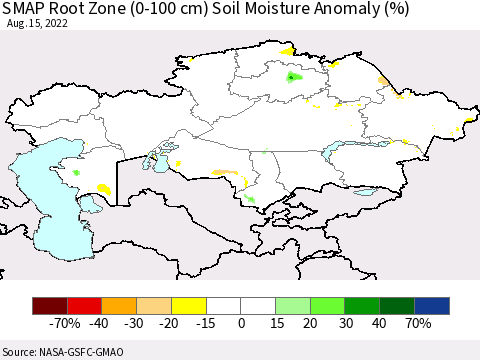 Kazakhstan SMAP Root Zone (0-100 cm) Soil Moisture Anomaly (%) Thematic Map For 8/11/2022 - 8/15/2022