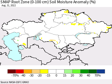 Kazakhstan SMAP Root Zone (0-100 cm) Soil Moisture Anomaly (%) Thematic Map For 8/26/2022 - 8/31/2022