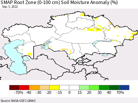 Kazakhstan SMAP Root Zone (0-100 cm) Soil Moisture Anomaly (%) Thematic Map For 9/1/2022 - 9/5/2022