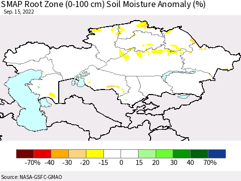 Kazakhstan SMAP Root Zone (0-100 cm) Soil Moisture Anomaly (%) Thematic Map For 9/11/2022 - 9/15/2022