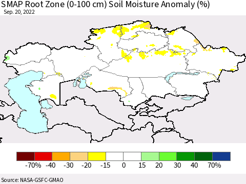 Kazakhstan SMAP Root Zone (0-100 cm) Soil Moisture Anomaly (%) Thematic Map For 9/16/2022 - 9/20/2022
