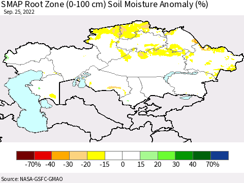 Kazakhstan SMAP Root Zone (0-100 cm) Soil Moisture Anomaly (%) Thematic Map For 9/21/2022 - 9/25/2022