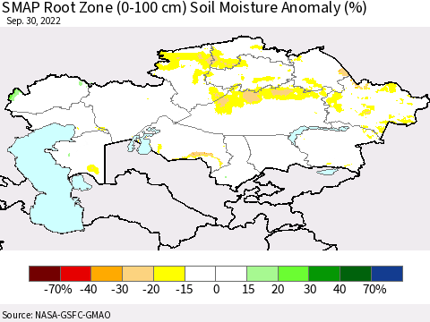 Kazakhstan SMAP Root Zone (0-100 cm) Soil Moisture Anomaly (%) Thematic Map For 9/26/2022 - 9/30/2022