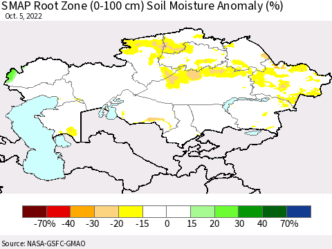 Kazakhstan SMAP Root Zone (0-100 cm) Soil Moisture Anomaly (%) Thematic Map For 10/1/2022 - 10/5/2022