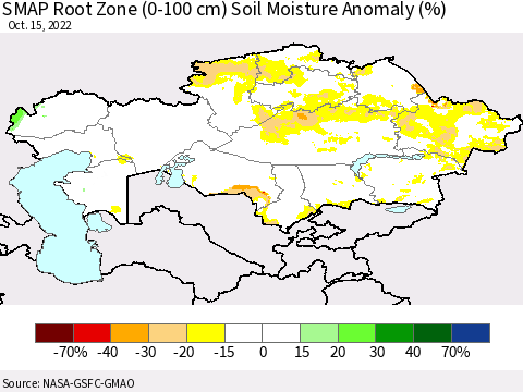 Kazakhstan SMAP Root Zone (0-100 cm) Soil Moisture Anomaly (%) Thematic Map For 10/11/2022 - 10/15/2022