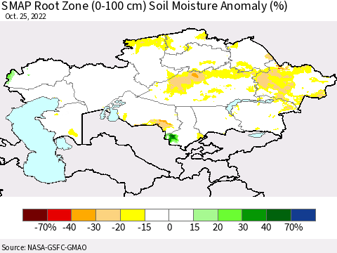 Kazakhstan SMAP Root Zone (0-100 cm) Soil Moisture Anomaly (%) Thematic Map For 10/21/2022 - 10/25/2022