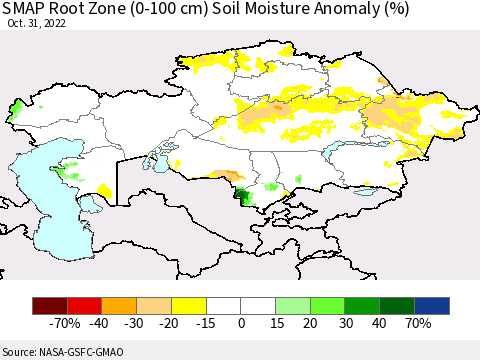 Kazakhstan SMAP Root Zone (0-100 cm) Soil Moisture Anomaly (%) Thematic Map For 10/26/2022 - 10/31/2022