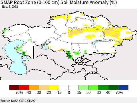 Kazakhstan SMAP Root Zone (0-100 cm) Soil Moisture Anomaly (%) Thematic Map For 11/1/2022 - 11/5/2022