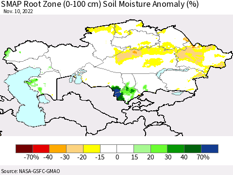 Kazakhstan SMAP Root Zone (0-100 cm) Soil Moisture Anomaly (%) Thematic Map For 11/6/2022 - 11/10/2022
