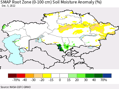 Kazakhstan SMAP Root Zone (0-100 cm) Soil Moisture Anomaly (%) Thematic Map For 12/1/2022 - 12/5/2022