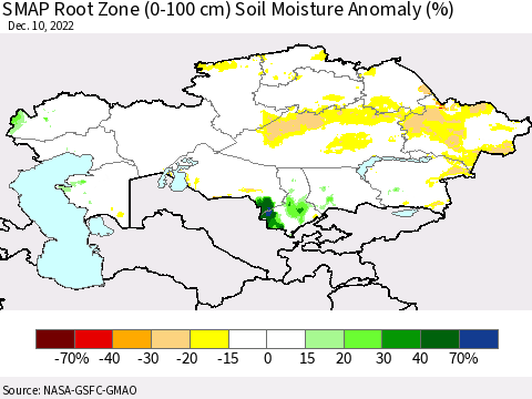 Kazakhstan SMAP Root Zone (0-100 cm) Soil Moisture Anomaly (%) Thematic Map For 12/6/2022 - 12/10/2022