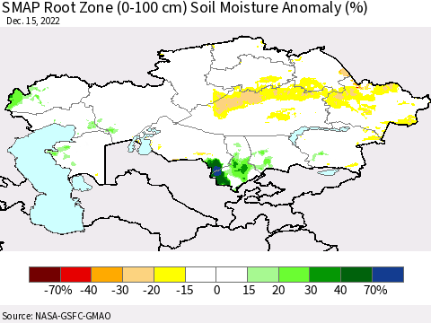 Kazakhstan SMAP Root Zone (0-100 cm) Soil Moisture Anomaly (%) Thematic Map For 12/11/2022 - 12/15/2022
