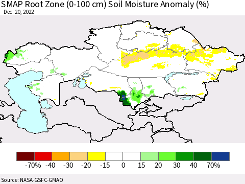 Kazakhstan SMAP Root Zone (0-100 cm) Soil Moisture Anomaly (%) Thematic Map For 12/16/2022 - 12/20/2022