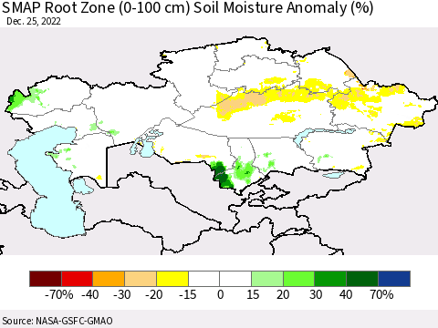Kazakhstan SMAP Root Zone (0-100 cm) Soil Moisture Anomaly (%) Thematic Map For 12/21/2022 - 12/25/2022