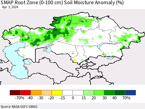 Kazakhstan SMAP Root Zone (0-100 cm) Soil Moisture Anomaly (%) Thematic Map For 4/1/2024 - 4/5/2024
