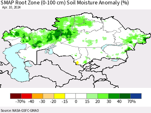 Kazakhstan SMAP Root Zone (0-100 cm) Soil Moisture Anomaly (%) Thematic Map For 4/6/2024 - 4/10/2024