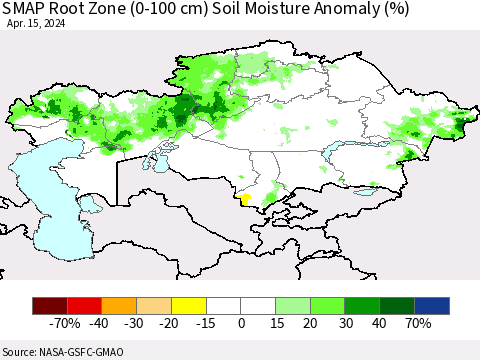 Kazakhstan SMAP Root Zone (0-100 cm) Soil Moisture Anomaly (%) Thematic Map For 4/11/2024 - 4/15/2024