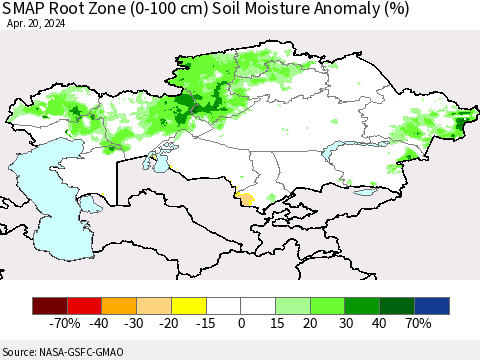 Kazakhstan SMAP Root Zone (0-100 cm) Soil Moisture Anomaly (%) Thematic Map For 4/16/2024 - 4/20/2024