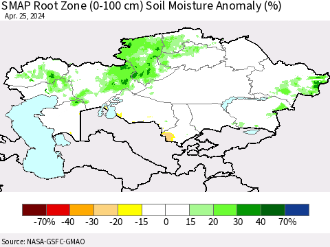 Kazakhstan SMAP Root Zone (0-100 cm) Soil Moisture Anomaly (%) Thematic Map For 4/21/2024 - 4/25/2024
